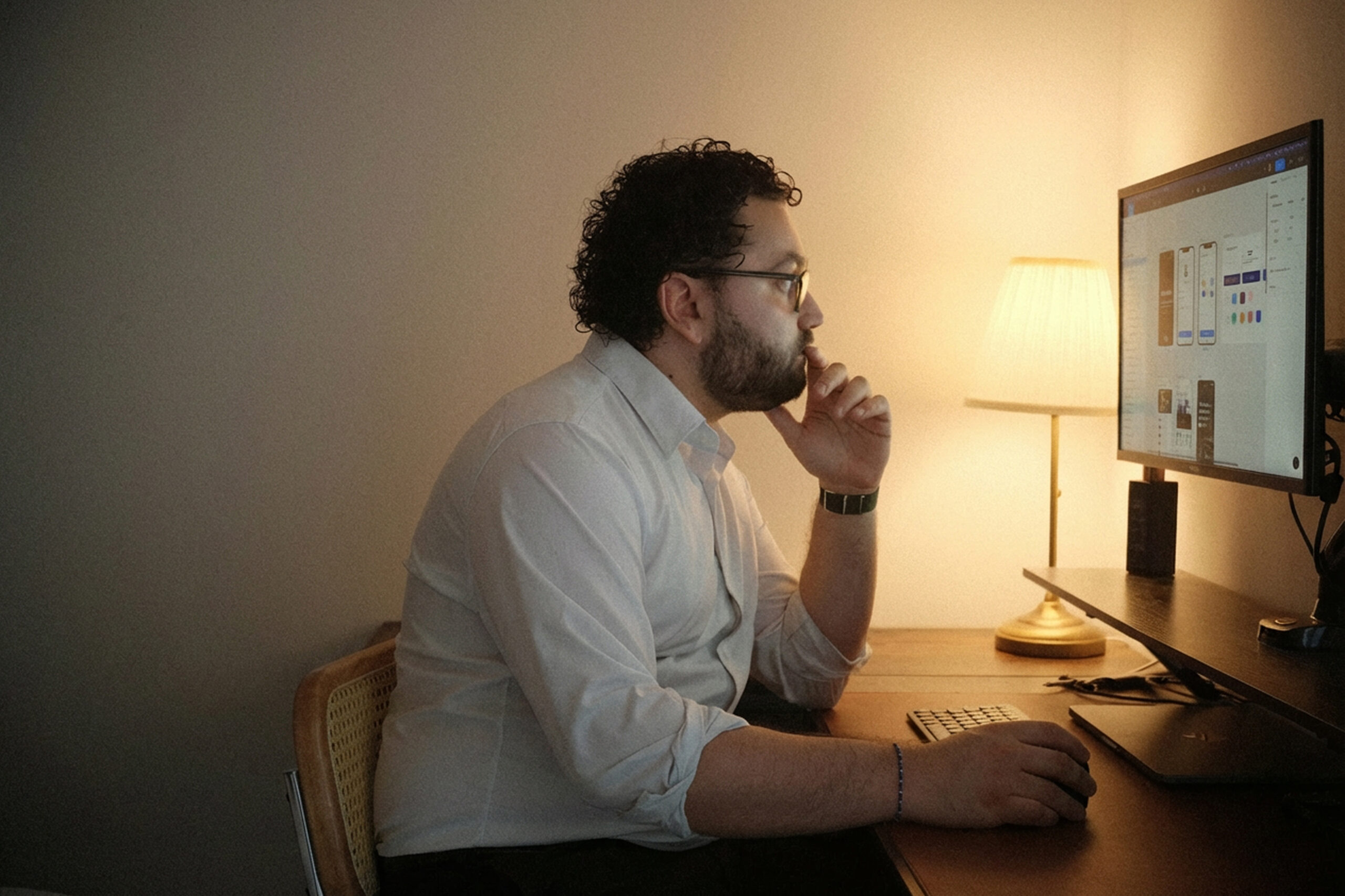 Chef de projet web en pleine réflexion stratégique devant des maquettes Figma, illustrant le processus de conception méthodique de sites internet chez aliasdigital à Antibes